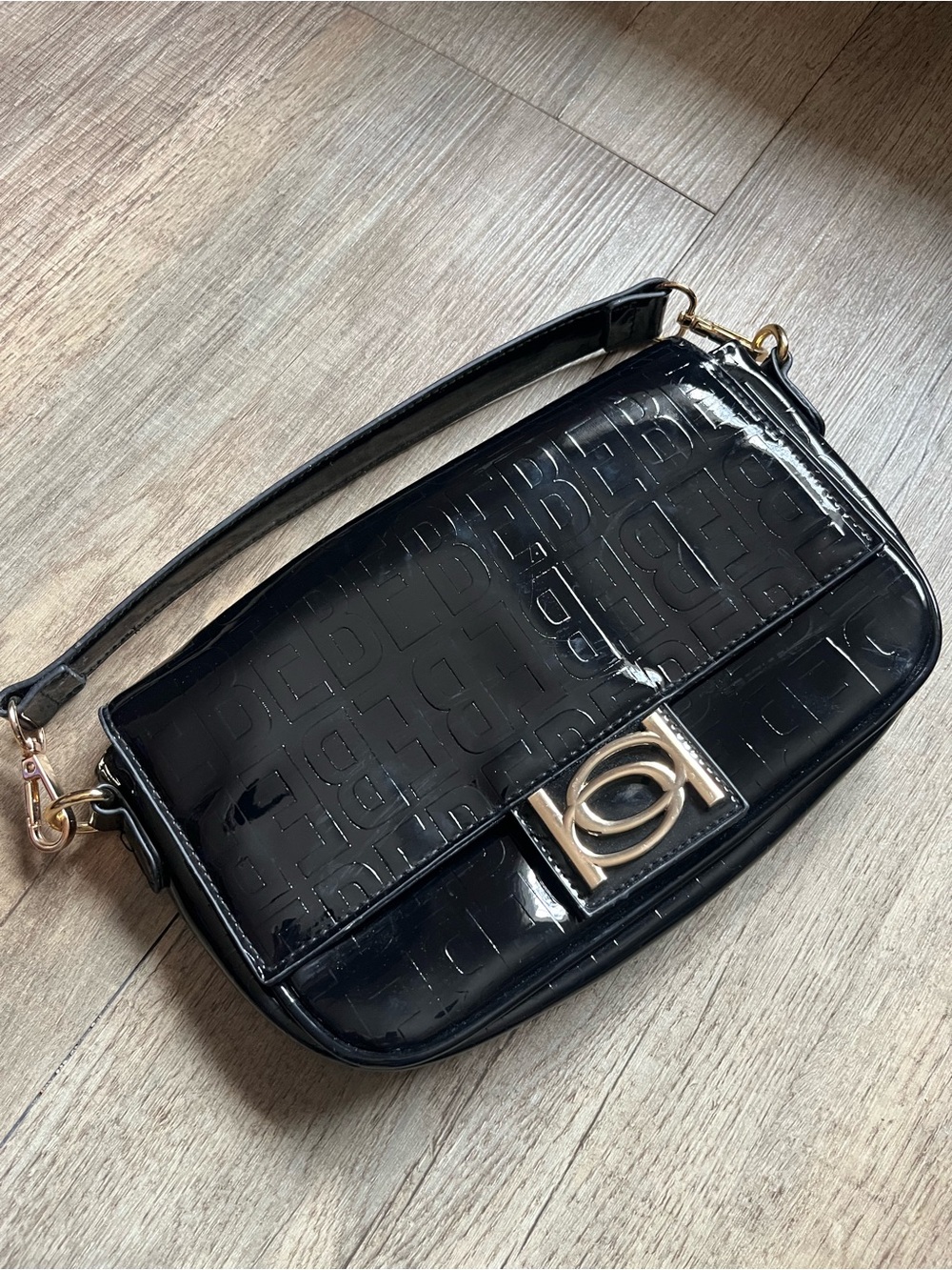 bebe Black Patent Shoulder Bag with Gold Hardware